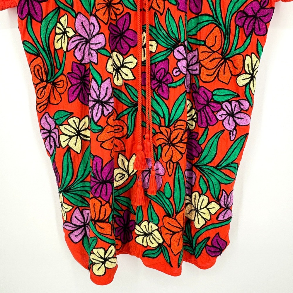 Roller Rabbit Orange Floral Embroidered Tassel Tunic Dress Pockets Cotton Size M - Picture 10 of 15